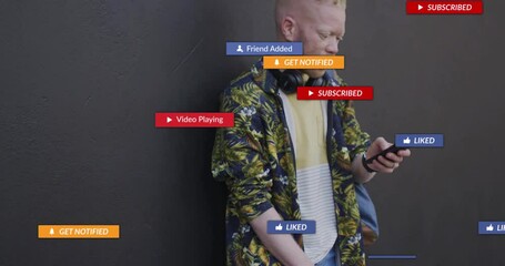 Poster - Using smartphone, young man receiving social media notifications in animation style