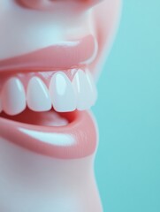 Poster - Smiling mouth with perfect white teeth in a fresh pastel blue setting for dental health promotion Generative AI