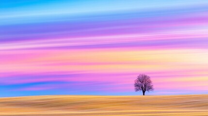 Wall Mural - tranquil solitude: a solitary tree stands proudly against a vibrant, pastel sky, its delicate blosso