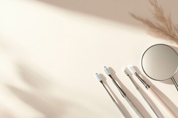 Poster - Cleanly arranged dental tools on soft background for a professional dental setting with mirror, scaler, and probe Generative AI