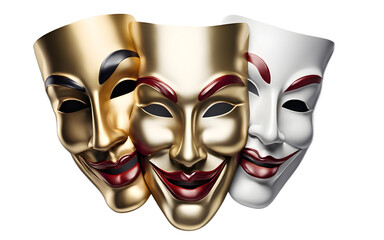 Poster - A theatrical mask with one half smiling and the other half frowning symbolizing duality and emotions, isolated on a empty plain background