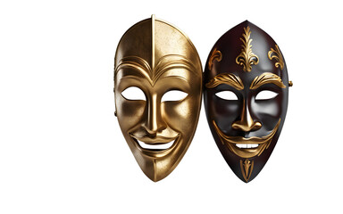Poster - A theatrical mask with one half smiling and the other half frowning symbolizing duality and emotions, isolated on a empty plain background