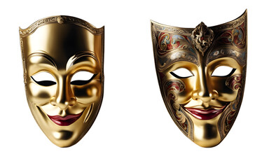 Poster - A theatrical mask with one half smiling and the other half frowning symbolizing duality and emotions, isolated on a empty plain background
