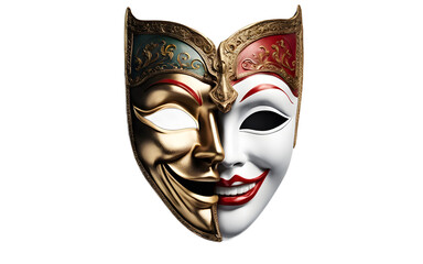 Poster - A theatrical mask with one half smiling and the other half frowning symbolizing duality and emotions, isolated on a empty plain background
