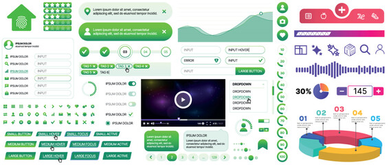 A set of UI components for mobile apps and websites: buttons, forms, icons, menus, panels and infographics. Modern minimalist design with gradients for easy interaction
