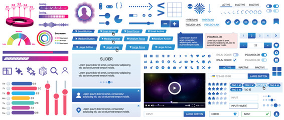 A set of UI components for mobile apps and websites: buttons, forms, icons, menus, panels and infographics. Modern minimalist design with gradients for easy interaction