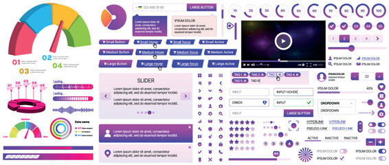 A set of UI components for mobile apps and websites: buttons, forms, icons, menus, panels and infographics. Modern minimalist design with gradients for easy interaction