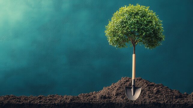 A minimalist-style tree with a garden shovel in the soil, symbolizing growth and investment, perfect for finance
