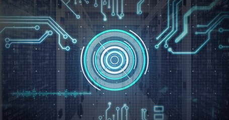 Poster - Animation of futuristic digital interface with circular patterns on grid background