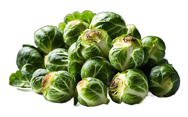 Poster - A pile of Brussels sprouts with green leaves, isolated on a empty plain background