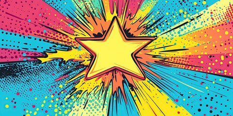 Poster - Abstract comic book-style explosion with rainbow colors. Comic background design with halftone dots