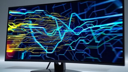 Poster - futuristic data waves on a computer screen with bright lines and patterns displaying technology