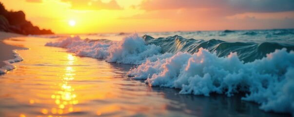 Wall Mural - golden hour waves gently lap shore, soft light shimmers , coast, water, sun