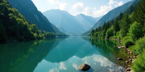 Wall Mural - titisee's emerald waters reflect black forest's lush hills , sun, black forest