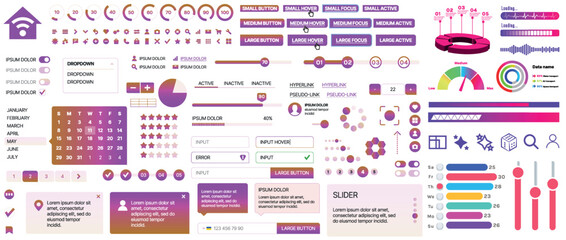 Set of UI/UX elements for websites and mobile applications: buttons, forms, menus, panels, icons, login, payment, rating. Modern design for convenient interaction and business planning