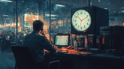 Poster - A person sits at a desk in a dimly lit room, focused on a computer, with a large clock displaying the time prominently in the background.