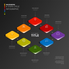 Poster - This image showcases a colorful 3D 8-step infographic with arrows and icons. The 3D infographic on dark background highlights 8 colorful steps connected by arrows, featuring icons in each section.
