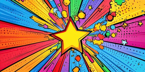 Poster - Abstract comic book-style explosion with rainbow colors. Comic background design with halftone dots