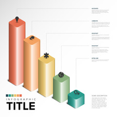Poster - 3D business infographic features gradient cubes with text, icons, and lines on light background. The layout highlights steps with titled sections and visual elements for presentations.