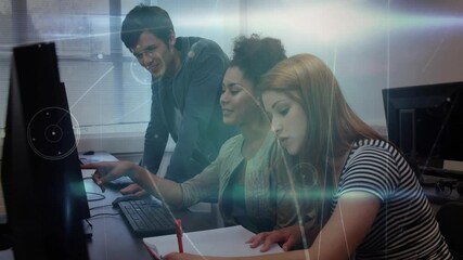 Poster - Diverse group collaborating on computer with digital network animation overlay