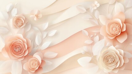 Aufkleber - Delicate pastel paper art background with elegant flowers and wavy layers for luxurious aesthetics Generative AI