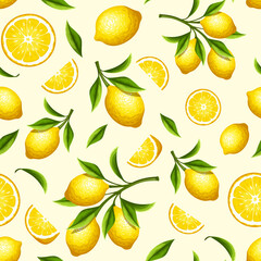 Wall Mural - seamless pattern with yellow lemon fruit and lemon branches. vector fruit print