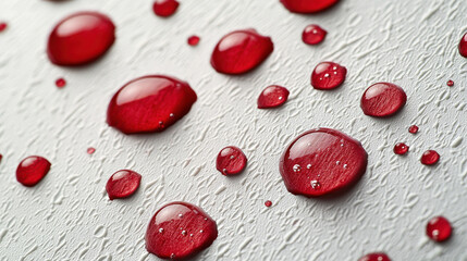 Aufkleber - Red drops on textured white paper create striking visual contrast, showcasing beauty of water droplets. intricate details and reflections add depth and interest to composition