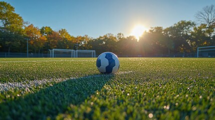 Wall Mural - Soccer ball on field at sunset.