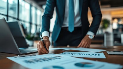 Poster - A businessman analyzes data and charts at a desk, reflecting professionalism and focus in a modern office environment.