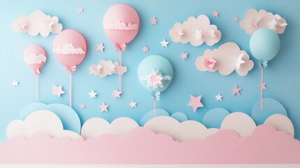 Poster - Charming paper art background with pastel balloons and clouds for creating a whimsical atmosphere Generative AI