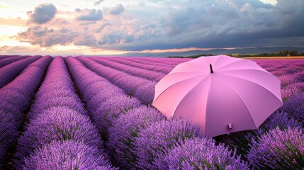 Wall Mural - Pastel Umbrella in Lavender Field Under Soft Evening Light
