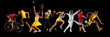 © Lustre Art Group  - Collage. Banner. Dynamic athletes from various sports, dressed vibrant uniform, showcase intense actions against black backdrop. Concept of sport, competition, action, motion, energy, tournament.