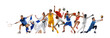 © Lustre Art Group  - Banner. Sport collage. Young, vibrant athletes from diverse sports showcase dynamic plays in sequential alignment against white background. Concept of sport, competition, action, motion, precision.