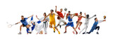 Banner. Sport collage. Young, vibrant athletes from diverse sports showcase dynamic plays in sequential alignment against white background. Concept of sport, competition, action, motion, precision.
