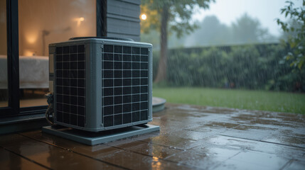 modern air conditioning unit sits on patio during heavy rain, showcasing its durability and function