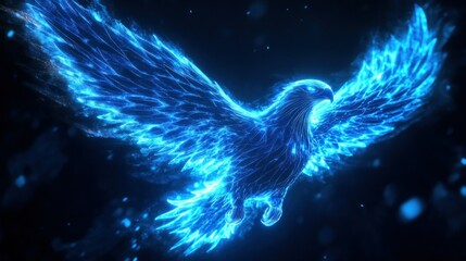 Poster - A glowing blue eagle soaring through a dark, mystical background filled with light particles