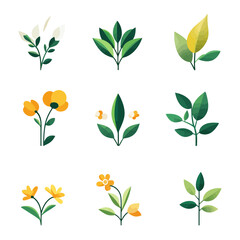 Poster - Botanical Set with Leaves and Flowers in Minimalist Style, Isolated Design