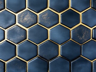 Aufkleber - Elegant navy blue hexagonal tiles with gold accents textured backdrop