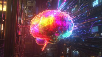 Poster - A vibrant, colorful brain surrounded by glowing energy in a futuristic technological environment
