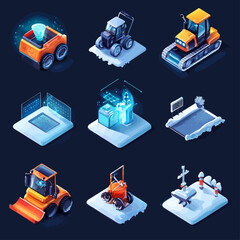 Poster - Isometric icons showing different types of snow removal and technology
