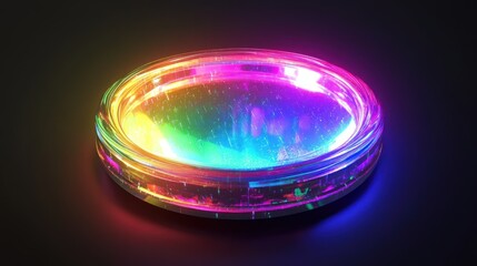 Poster - A vibrant, iridescent circular object emitting colorful light against a dark background