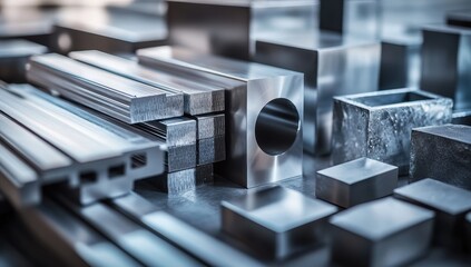 Poster - Close-Up View of Various Metallic Shapes and Textures in Industrial Workspace, Showcasing Clean and Polished Steel and Aluminum Materials