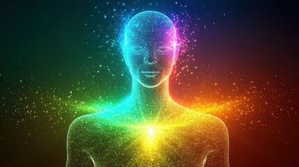 Poster - Abstract representation of a glowing human figure surrounded by colorful particles and light