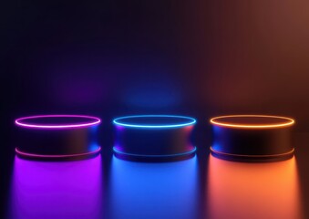 Poster - Colorful glowing platforms in a dark setting showcasing vibrant blue, purple, and orange lighting effects for modern digital presentations and design projects