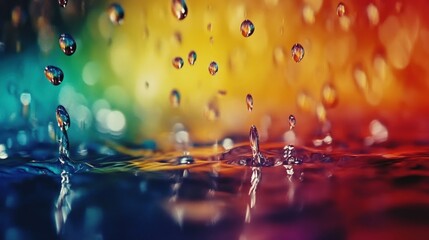 Poster - Colorful water droplets splashing on a vibrant rainbow surface, creating a dynamic scene