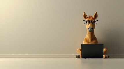 Horse with Laptop in Simple Room