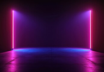 Poster - Futuristic Neon Light Installation Creating Vibrant Color Space with Pink and Blue Lighting Effects in a Dark Empty Studio Environment