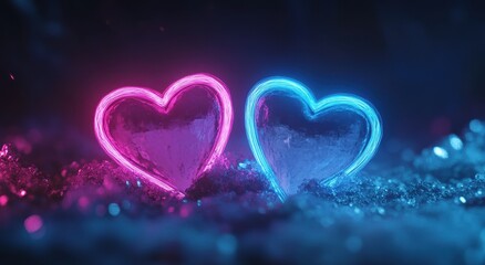 Poster - Glowing Neon Hearts on Sparkling Surface in Vibrant Colors for Romantic and Love-themed Concepts and Designs