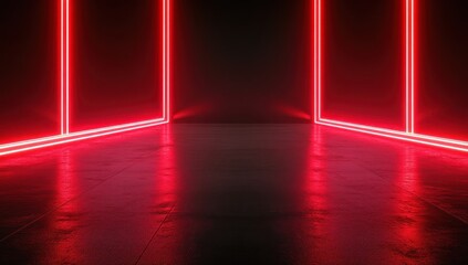 Fototapete - Futuristic Neon Red Light Background with Textured Floor and Black Wall for Design and Art Projects