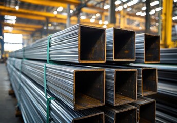 Poster - High-Quality Steel Rectangular Tubes Stacked Neatly in Modern Warehouse with Excellent Lighting for Industrial Use and Construction Applications